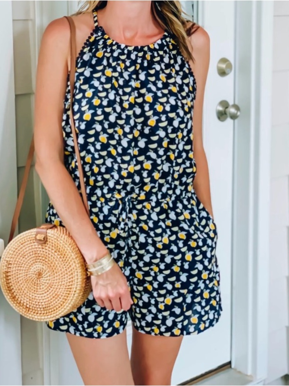 LOFT lemon print black romper with halter straps size Large petite - Picture 10 of 10
